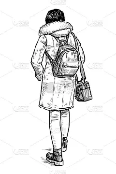 随便的女学生在街上走的素描