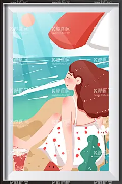 装饰画插画  - 源文件下载【酷图网】卡通,插画,背景,壁画,装饰画,风景画,挂画,海报,手绘,国画,二十四节气,夏至,夏天,屏风,墙纸,壁纸,小孩,沙滩,大海边,