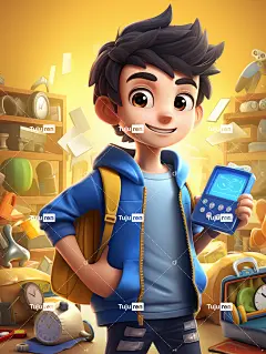 房间3D卡通游戏场景一个运动男孩拿着蓝色闹钟海报