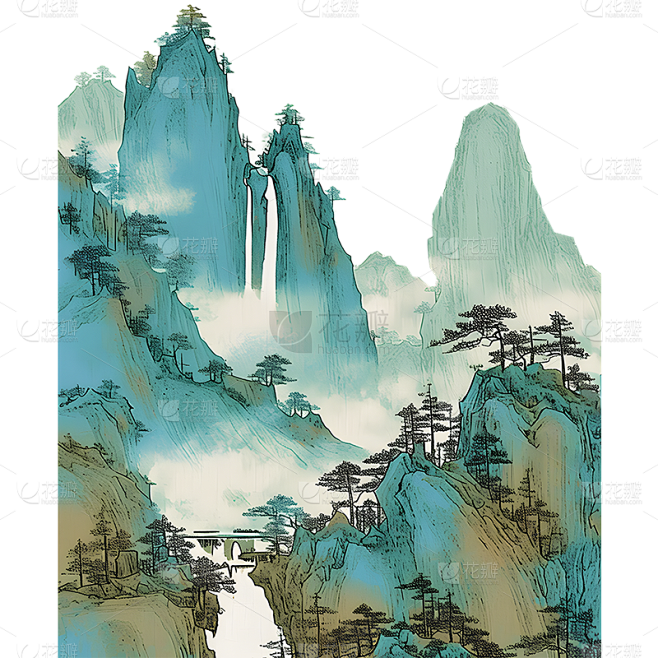 中国风通用青绿色工笔画山水元素素材