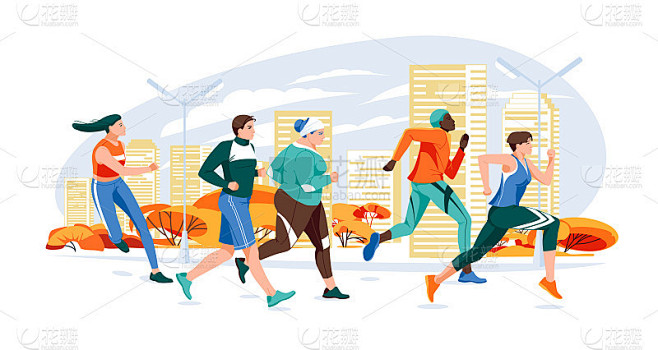 马拉松赛组——平面卡通现代矢量插图，描绘...