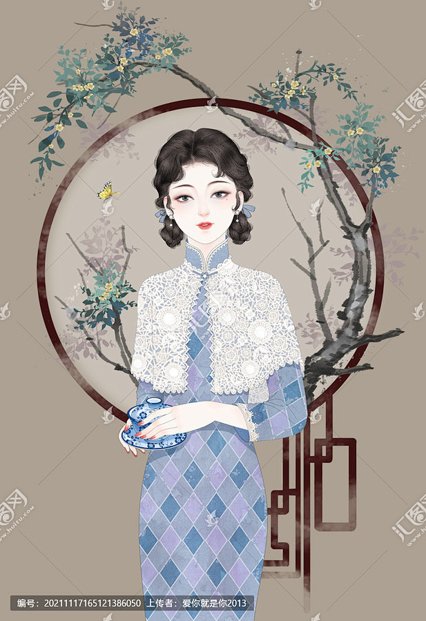 花茶 插画 旗袍 旗袍美女 手绘美女 民...