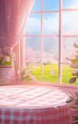 pink room with a window and flowers, in the style of photobashing, cartoon mis-en-scene, soft, romantic landscapes, organic material, glazed surfaces, pure color, 3840x2160