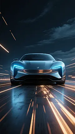 一张无文字汽车海报，采用深色背景与明亮光线形成强烈对比，具有未来感和科技感的设计风格。画面中央是一辆前脸朝向观众的汽车，车身线条流畅，前脸设计独特，前大灯发出锐利的蓝色光芒。汽车下方是由速度线构成的动感路面，速度线从画面底部向两侧延伸，呈现出强烈的速度感和运动感。背景为深邃的夜空，点缀着淡淡的云层，整体营造出一种神秘而充满力量的氛围。汽车的材质呈现出光滑的金属质感，光线在车身上形成了明显的明暗对比，突出了车身的立体感和线条美。