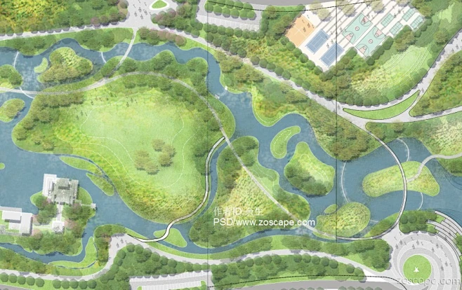 原创滨水公园盆景园植物园生态湿地观光园景观设计彩色平面图PSD-花瓣网
