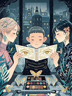 融合二次元治愈世界、Yeoniu Choi 风格、Audrey Kawasaki风格、手绘插画、绘本插图、扁平插画、潮流漫画、手绘动画、复古现代交织等多元风格，颗粒质感朦胧感，氛围，暗黑魔幻、插画、梦幻意境等多元风格，金箔眼影人物，怪诞诡异氛围，高清细节、8K 画质，展现故事与风貌。齐高是一个豫林出版社的临时工，被竞争出版社岳阳出版社收买，帮助他们偷盗即将出版的书稿。而齐高却有自己的想法，觉得得到这些书稿的人会有掌握时代脉搏的机遇，也是豫林出版社的老板王楠在出版社贴的标语提到的。他半夜偷偷到隶属出版社的印
