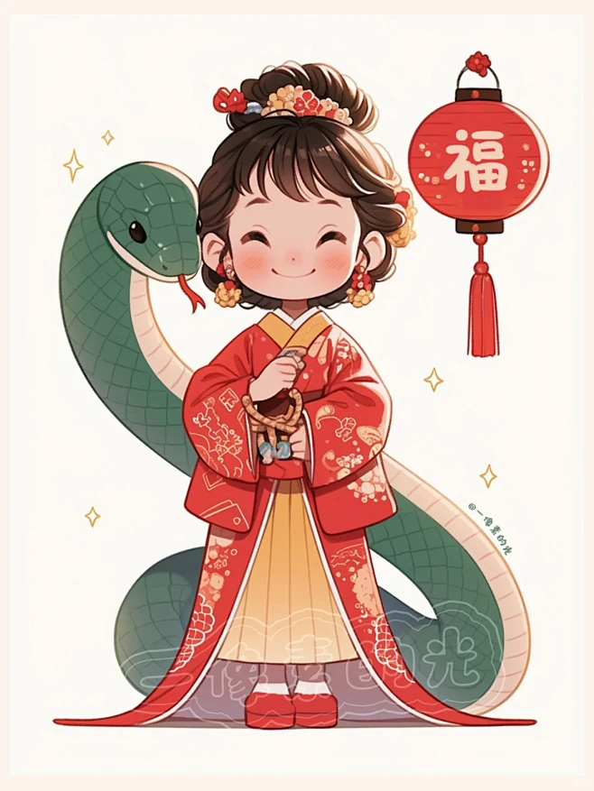 2025蛇年新春古风小女孩和蛇插画05 ...