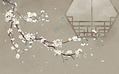古风花插画手绘国风花卉植物背景梨花花朵简单中式背景古风中国风花