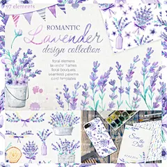 国外水彩手绘梦幻浪漫紫色系薰衣草婚礼爱情免扣png手账素材