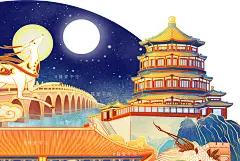 Mid-Autumn Festival packing illustration白鹿追月中秋包装插画 : 【白鹿追月】主题: 中秋系列立体包装插画元素：白鹿、故宫、万里长城、天坛、颐和园，十七孔桥等风格：传统中国风插画: @简爱手绘——————————————本插画作品版权归属客户所有，请勿擅自使用。
