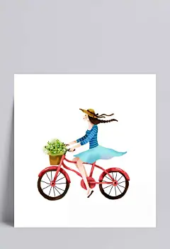 卡通手绘清新春季少女插画|骑车,裙子,少女,卡通手绘,清新,美丽,插画,自行车