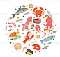 海鲜图标设置成圆形,扁平风格.在白色背景下孤立地采集海产食品。鱼产品,海味设计元素.矢量说明.
