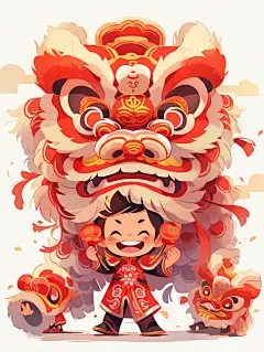 舞狮少年水彩插画喜庆海报
