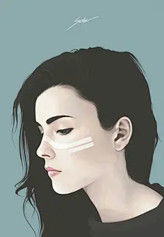 手绘插画女生头像蓝色莫兰迪色女生侧脸欧美