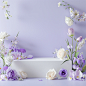 ground-scattered，scattered，A Light purple background with white and purple flowers, roses, and irises and other flowers on the right side of the picture, a large empty space in front of it for product display. The left half is a white box with a simple de
