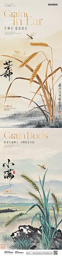 【南门网】广告 海报 插画 芒种 中式 房地产 二十四节气 麦穗 蜻蜓 山水 古风 意境