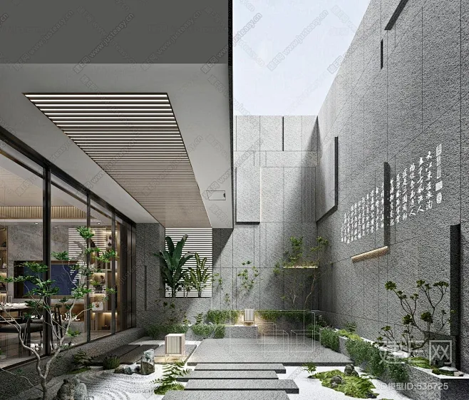 现代别墅天井花园景观3d模型-花瓣网