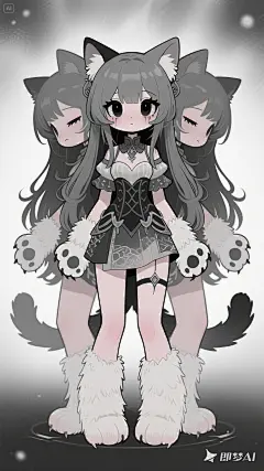 人设图，oc设定，oc设定图，人物设计，少女，福瑞少女，猫爪，Q版，全身