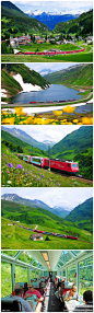 【瑞士的冰川快车】被称为世界上最慢的快车，只因为它8小时才走完290公里的全程，期间跨越291座桥梁，穿过91座隧道，翻过海拔2033米的欧伯拉普山道。在这样不拥挤、又优雅、又能吃美食的火车里旅行，太美好了有木有！！via：@一块去旅行