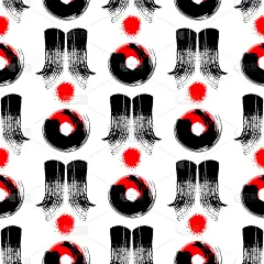 抽象日本风格的无缝图案采用黑红笔触，墨彩点缀孤立在白色背景上。枯燥乏味的纹理。向量的壁纸。