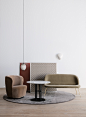 Stay Lounge Chair - Small  Bell Lino G077/01 - PG2, Space CPH.  Satellite Pendant - Small  White Cloud, Mathieu Matégot.  TS Column Lounge Table  Black Base, Bianco Cararra Top, GamFratesi.  Beetle Sofa  Brass Base, Gubi Velvet G075/294 - PG3, GamFratesi.