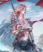 General 3000x3600 KyuYong Eom drawing women long hair wavy hair wind green eyes makeup looking away armor cleavage skimpy clothes sky clouds weapon sword shining bodysuit fantasy girl bikini armor