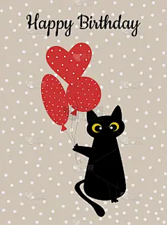 黑猫和带圆点的红色气球。生日贺卡。图案的时尚印花杯，纺织品，服装，滑翔机。