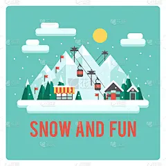 雪景滑雪场。矢量插图夜晚在山区。平面设计风格的冬季背景