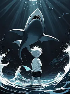 手绘风格，高饱和度的颜色，艺术视角，艺术构成，行为艺术，设计构图，大透视，治愈的画面，压迫感，炫酷的画面，神秘的海水中下面隐藏着一头的可爱的大鲨鱼，波涛汹涌，浪花，一个穿短裤的男孩拿着三叉戟站在水平面上，头发飞舞，鲨鱼的的影子流动穿插在画面中，发光的调皮男孩特写，轮廓光，洁白发光的男孩，丰富的深色背景，精致的细节刻画，行为艺术，层次感，好看的构图，设计感，故事感，艺术插画，大胆的黑白关系, 强烈的铅笔笔触,强烈的黑白对比