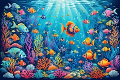 海鱼鱼群大海珊瑚礁鱼类插画图片