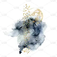 水彩画抽象山水和月亮。手绘极简水墨山脉和天空。插图孤立的白色背景。用于设计、印刷、织物或背景。