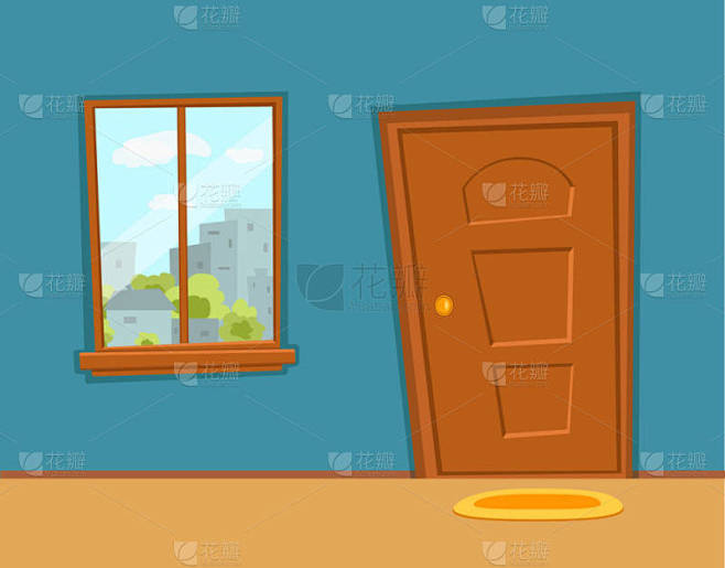 城市建筑景观的门窗卡通画彩色矢量图解
