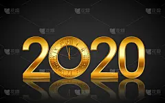 2020,贺卡,新年前夕,钟,绘画插图,黄金,矢量,黑色背景,节日,天空