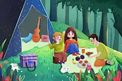 森林露营手绘轻质感扁平风春游踏青人物插画