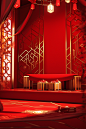 A red room with a gold ornamental curtain a gift box, in the style of luminous 3d objects, zeen chin, hard-edged geometry, traditional essence, bold color blocks, xmaspunk, oriental