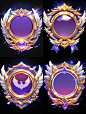 Circular game badge with an open text space inside the frame, featuring a gold and silver purple color scheme, metallic texture, luxurious feel, phoenix shaped decorations on both sides, symmetrical composition, bright colors, golden wings on the outer ed
