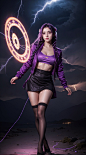  1girl,urple hair, purple eyes, glowing eyes, electricity,Silk stockings, jackets, lightning, Short skirt,Artifacts,purple magic, aura, full body,magic circle, braids,very long hair,hair flowe,tarry sky , mz-hd,ll-hd