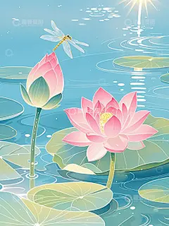 夏日荷花与蜻蜓插画夏至立夏素材