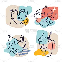 轮廓一线女性面孔定格。现代抽象女性肖像素描以有机多彩的形状为背景，当代极简手绘海报矢量孤立插画