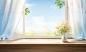 open window in the day time with white curtains, wooden wall and, in the style of motion blur panorama, tranquil gardenscapes, 32k uhd, light amber and sky-blue, lively tableaus, studyplace, misty atmosphere