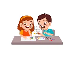 可爱的小男孩和小女孩正在用颜料画画插画图片素材