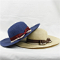 夏季女士简单蝴蝶结米色蓝色韩版草帽遮阳帽防晒沙滩帽子 两色入