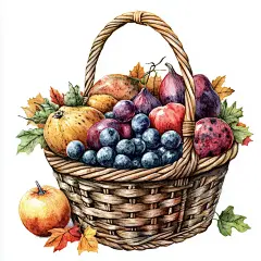 手绘感恩节秋收丰收南瓜水果蔬菜篮子插画