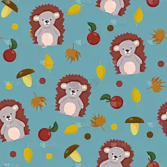 无缝模式与动物。可爱的刺猬，植物元素的苹果，蘑菇和叶子。卡通矢量插图儿童的衣服，壁纸。礼品包装，纸张