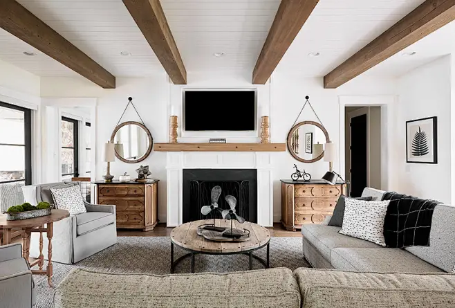 Example of a beach style family room design in Raleigh with white walls ...