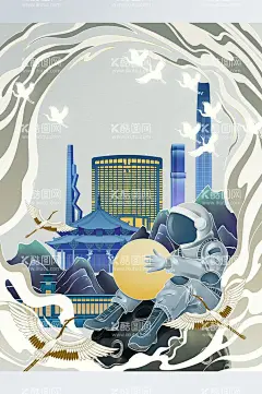 国潮未来京剧宇航员插画  - 源文件下载【酷图网】文教,宣传,海报,未来,月亮,鹤,水,山,建筑,城市,宇航员,京剧,国潮,插画,情感表达