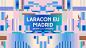This may contain: a poster with the words larracon eu madrid in blue, pink and white