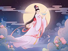 中秋节嫦娥玉兔月饼月下插图卡通唯美手绘古风人物插画壁纸