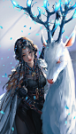 一般 4593x8050 Ghostblade 数字艺术 奇幻女孩 Stella 4K 鹿辫子 辫子 人像展示 看着观众 鹿角 长发