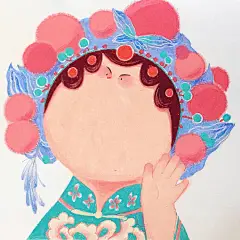 油画棒作品，超可爱的大圆脸丨插画师@不得了的孙憨拿 ​#插画艺术作品# ​​​​